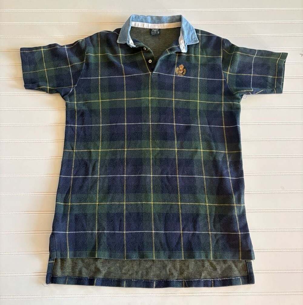 Vintage Crest Polo by Ralph Lauren Plaid Polo Shirt with Denim Collar XL